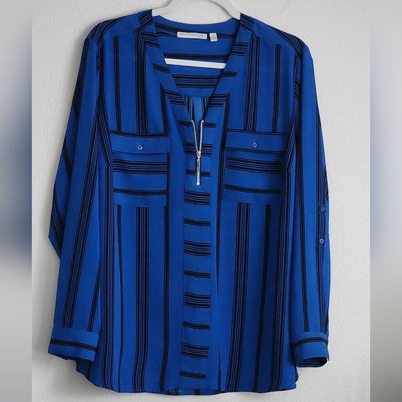 Notations Tops - Notations Women's Blue & Black Roll Tab Sleeve Notch Neck Front Pockets Sz 1X
